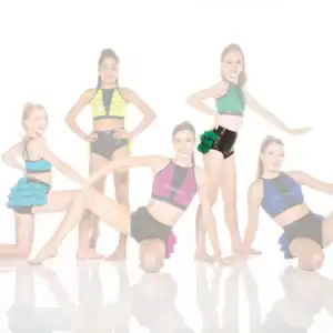 Five young dancers pose in colorful performance costumes.