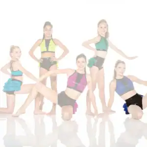 Five young dancers pose in colorful costumes on white background.