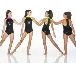 Models display black dance leotard with neon trim.