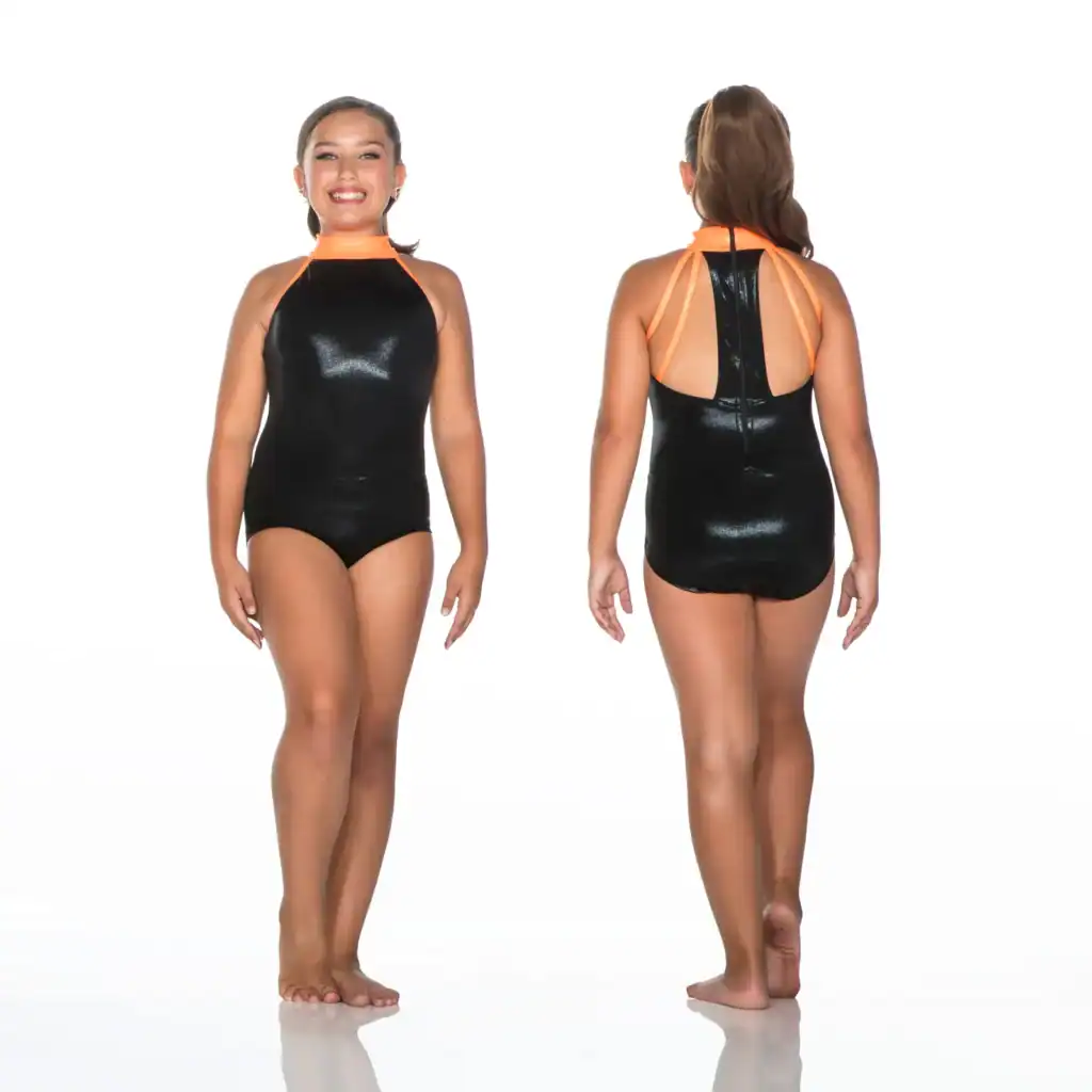 Front and back views of black leotard with orange straps