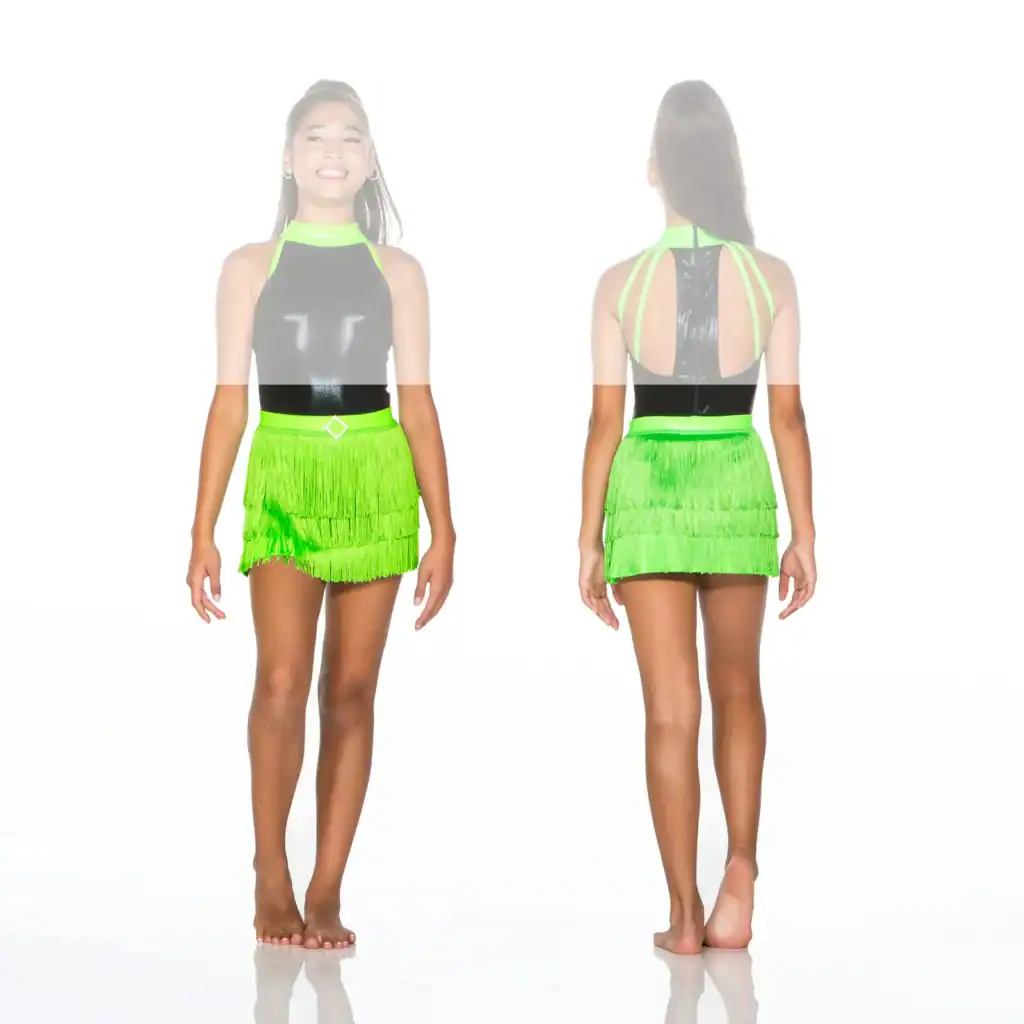 Front and back views of black and neon green fringe outfit