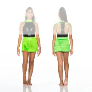 Front and back views of black and neon green fringe outfit