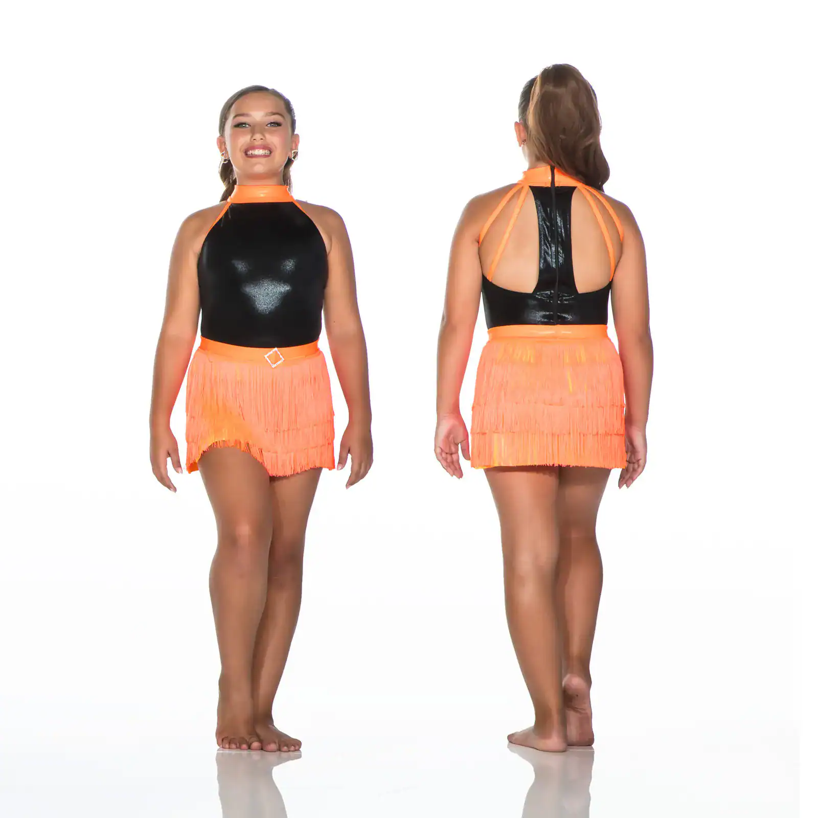 Front and back views of black and orange fringe dance costume.
