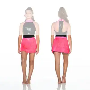 Front and back views of black and pink fringed dance costume