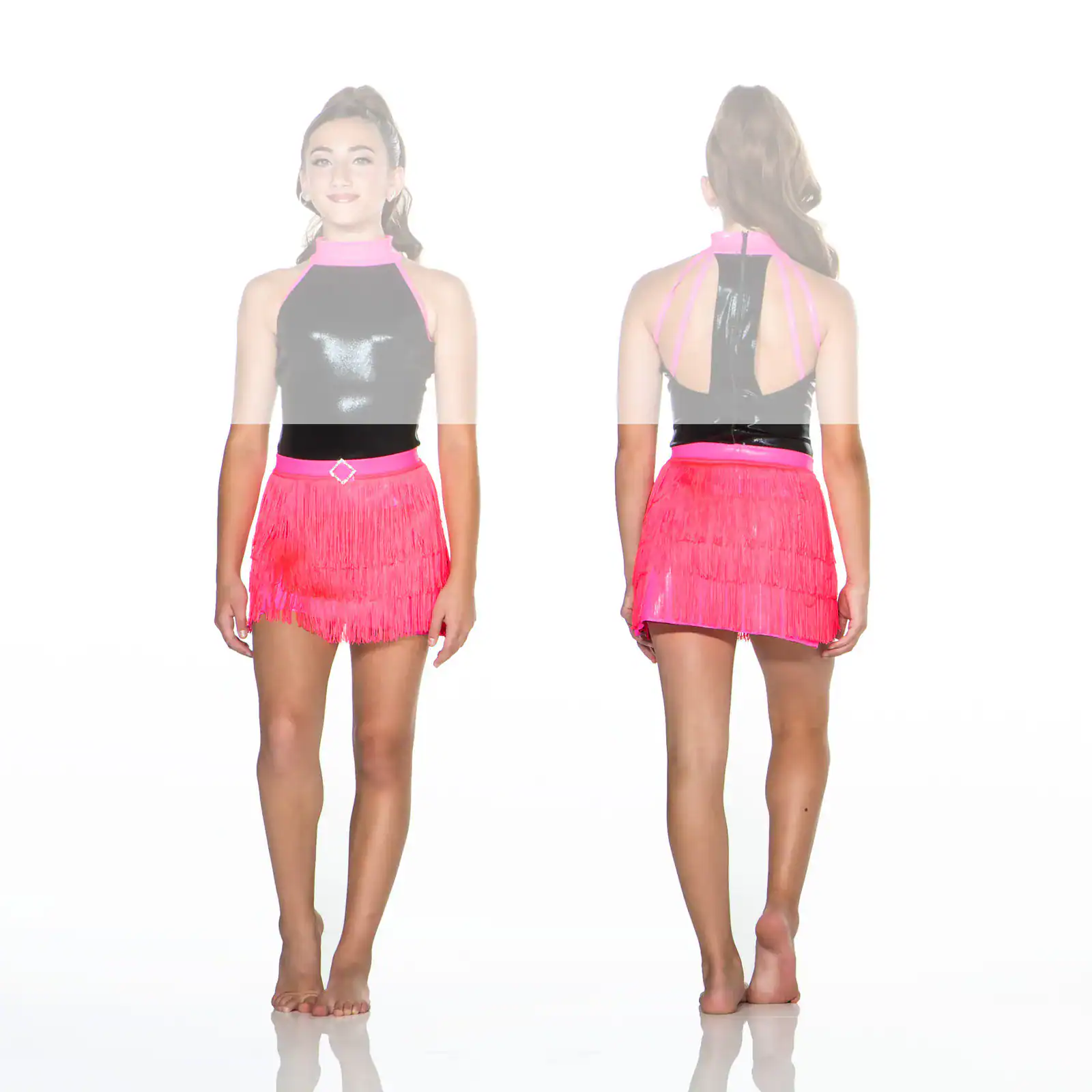 Front and back views of black and pink fringed dance costume