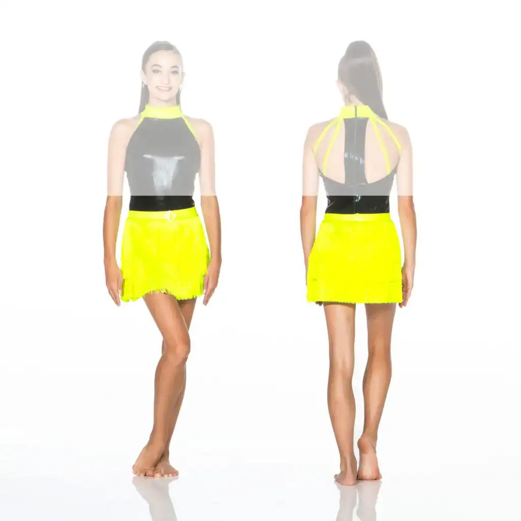 Front and back views of neon fringe dance costume