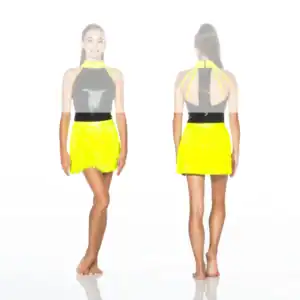Front and back views of neon fringe dance costume