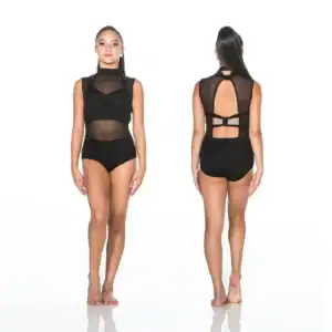 Front and back views of black mesh leotard
