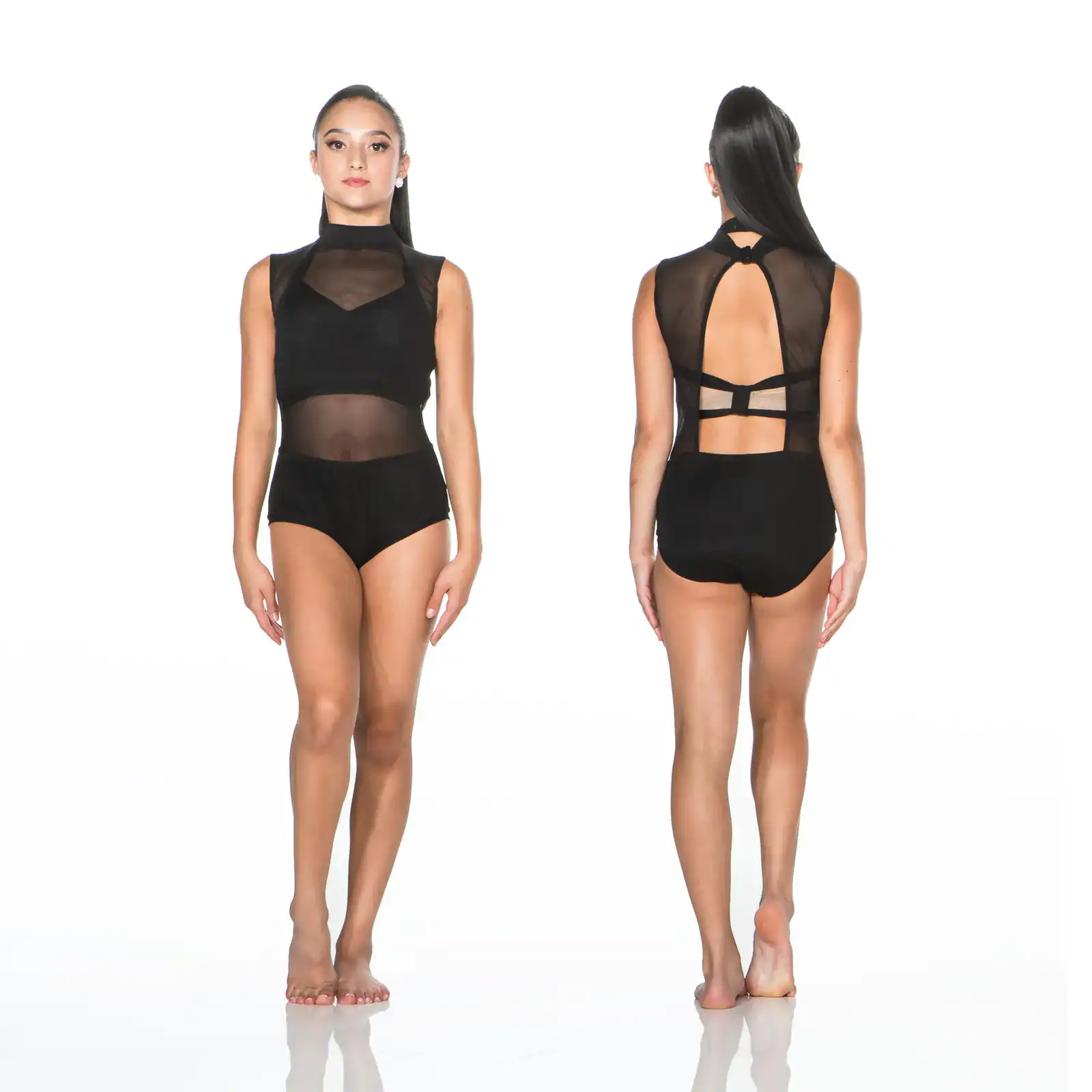 Front and back views of black mesh leotard