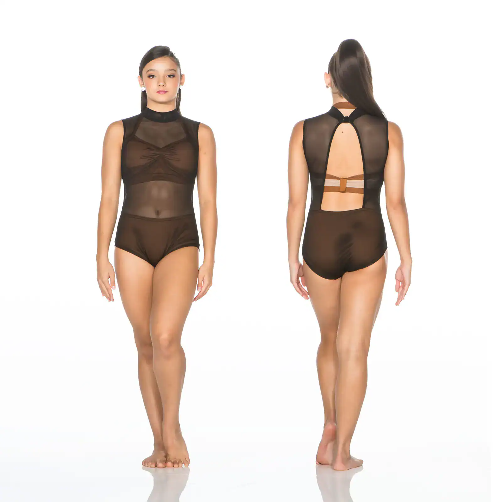 Front and back views of black mesh dance leotard