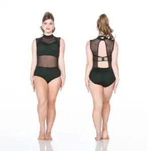 Front and back views of black mesh leotard