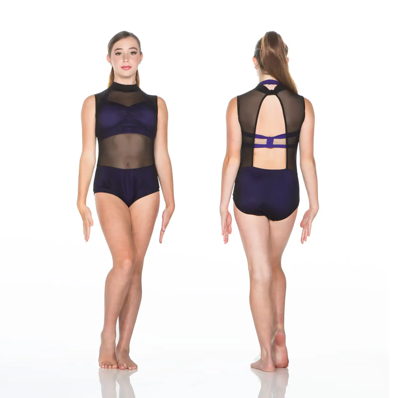 Front and back views of black and purple mesh leotard