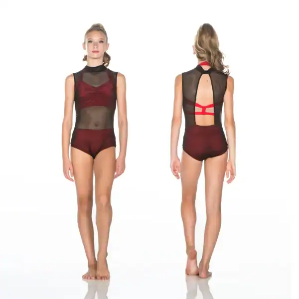 Front and back views of burgundy and black dance leotard