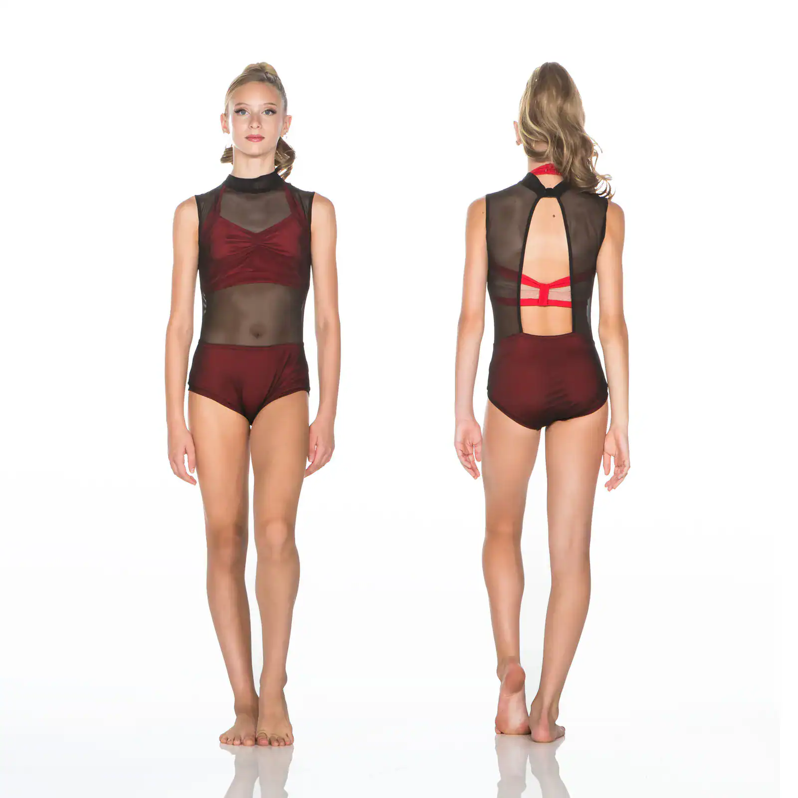 Front and back views of burgundy and black dance leotard