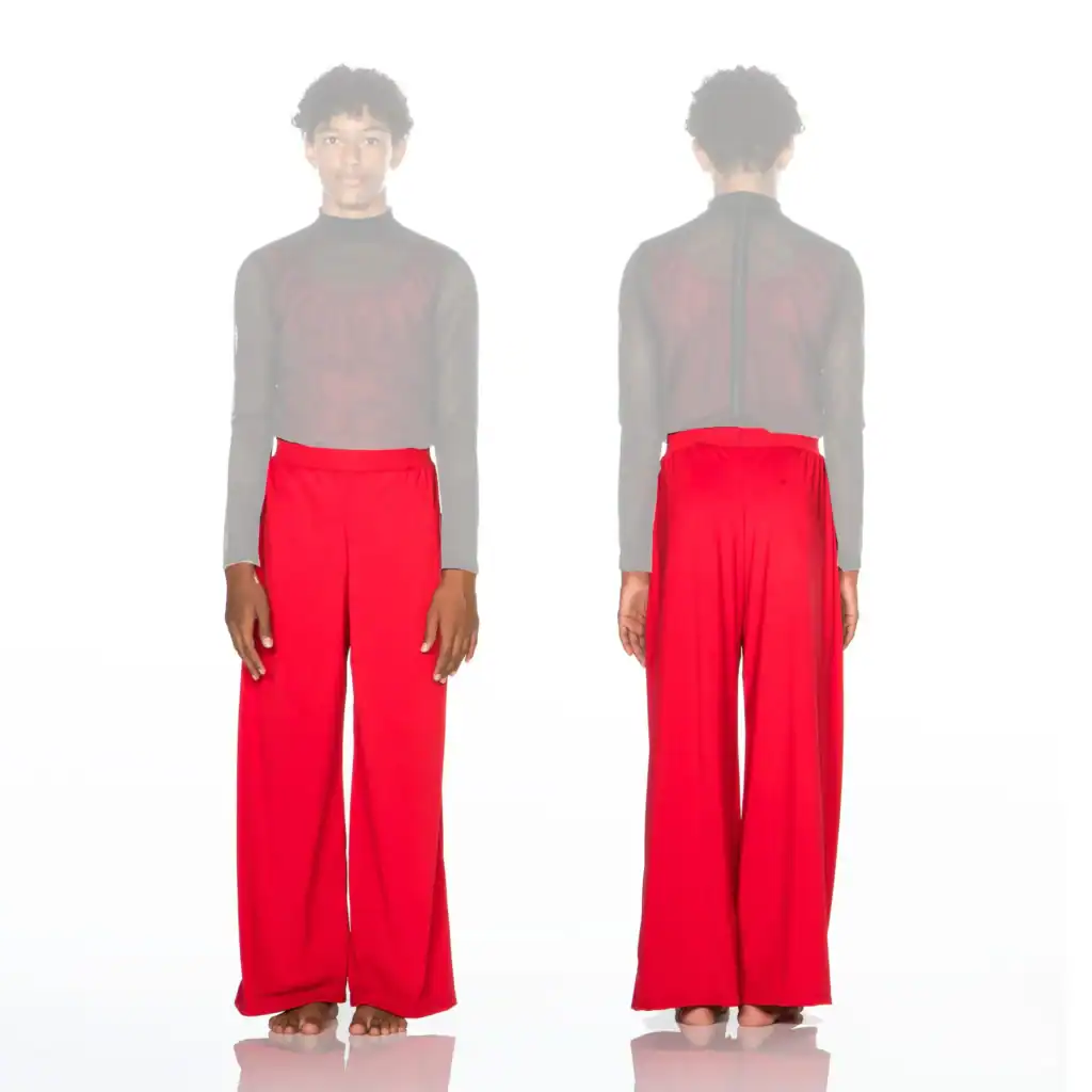 Front and back views of bright red wide-leg pants