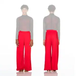 Front and back views of bright red wide-leg pants