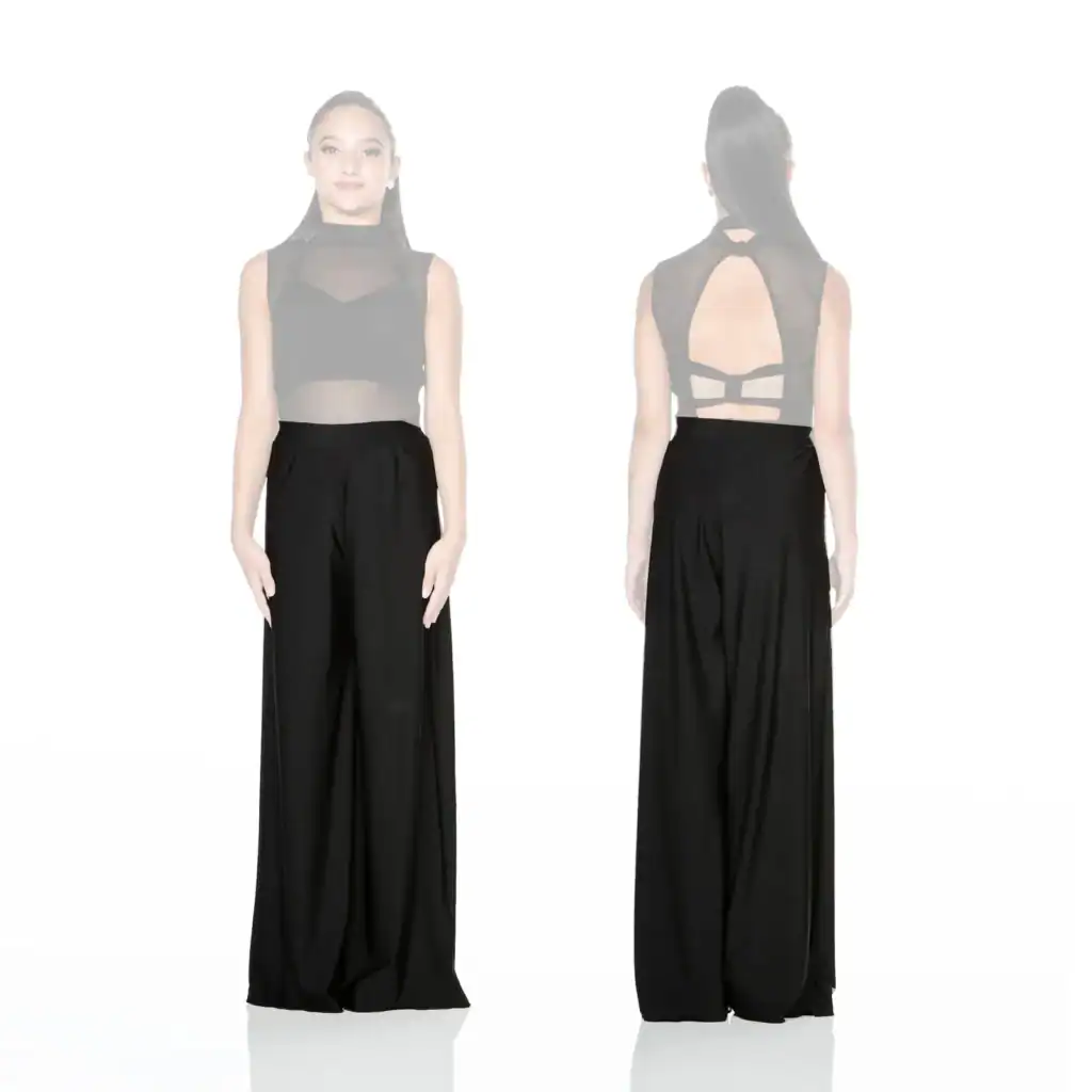 Front and back views of black sheer-back jumpsuit