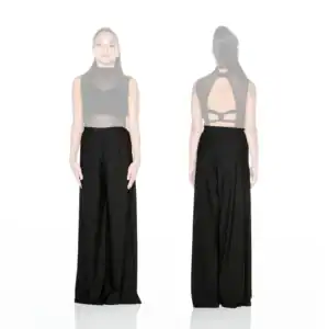 Front and back views of black sheer-back jumpsuit