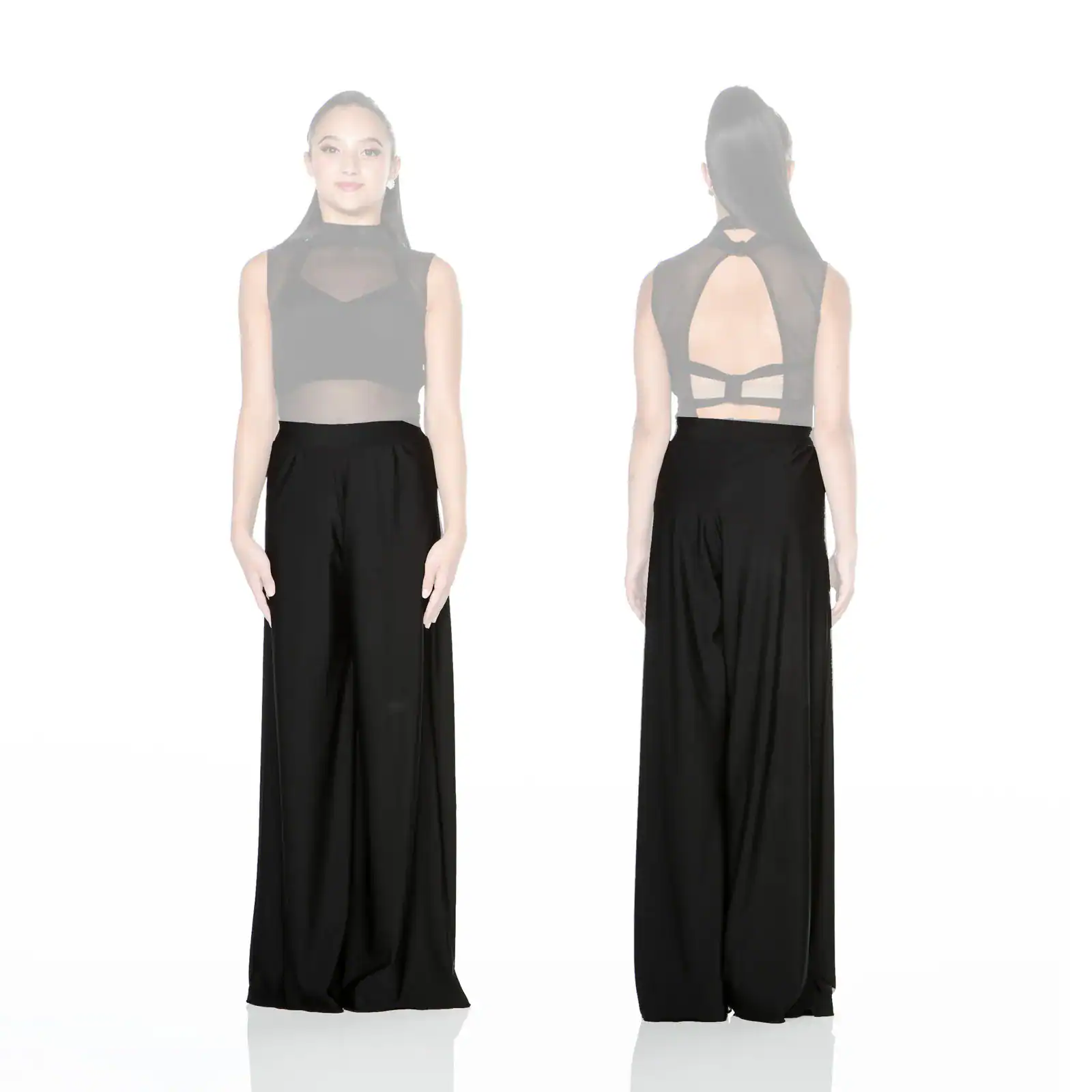 Front and back views of black sheer-back jumpsuit