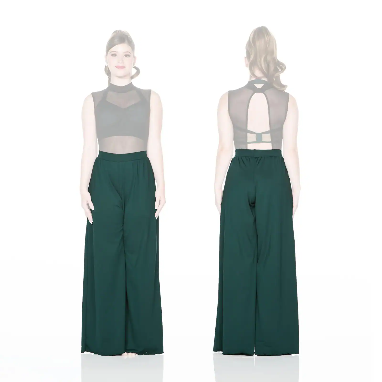 Front and back views of black mesh jumpsuit