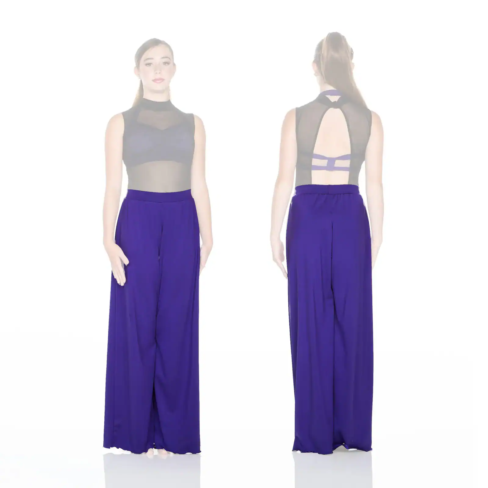Model wearing black mesh top and purple wide-leg pants