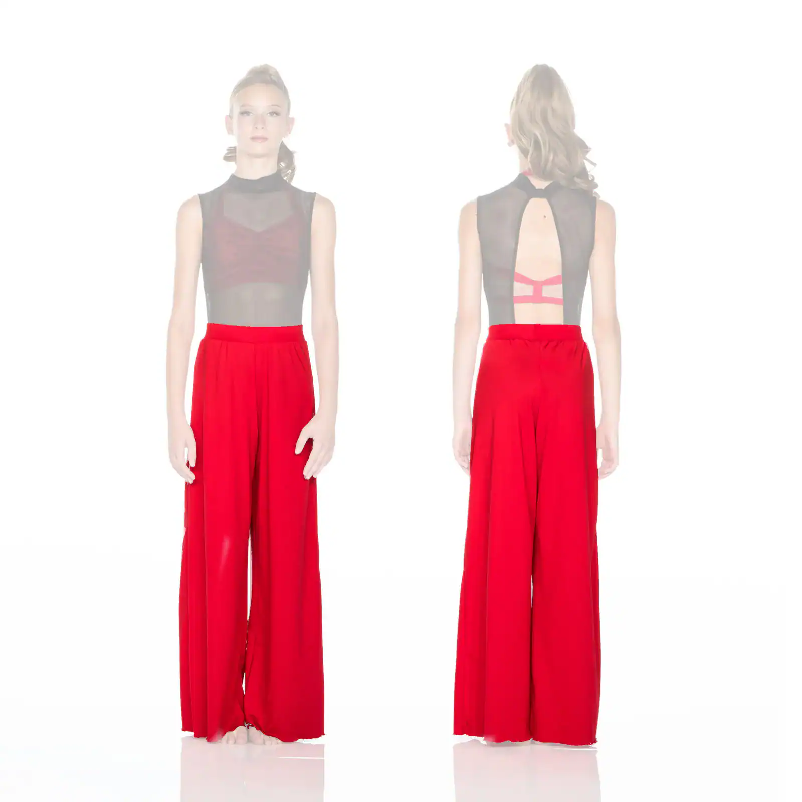 Front and back views of black mesh top and red pants