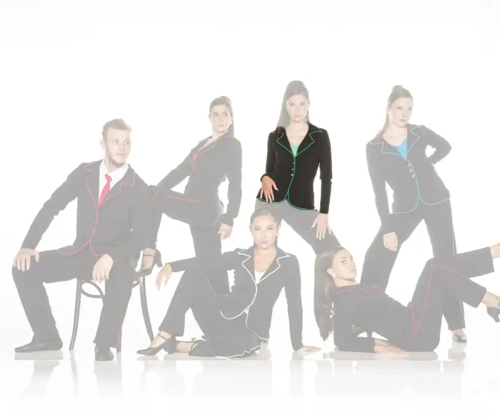 Six models wearing black suits with colorful piping
