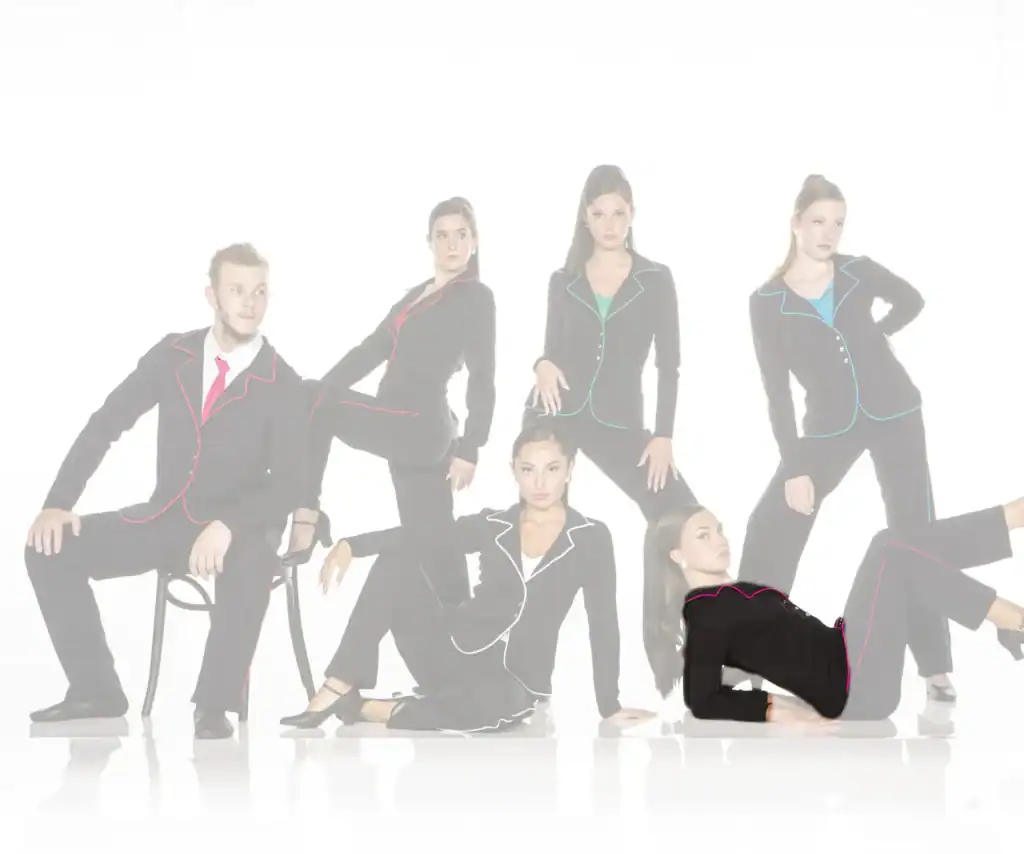 Six models wearing black suits with colorful piping