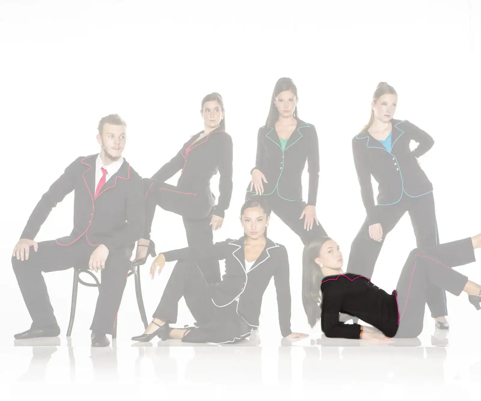 Six models wearing black suits with colorful piping