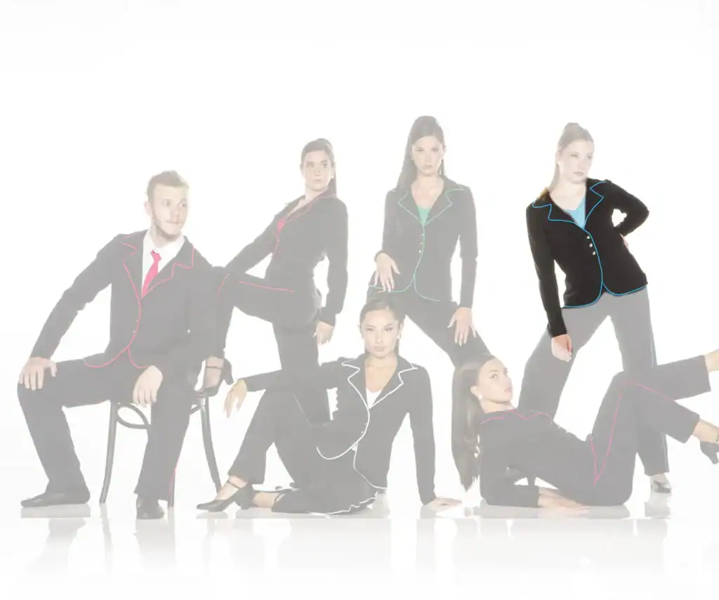 Six models pose in black suits with colorful piping.