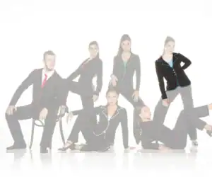 Six models pose in black suits with colorful piping.