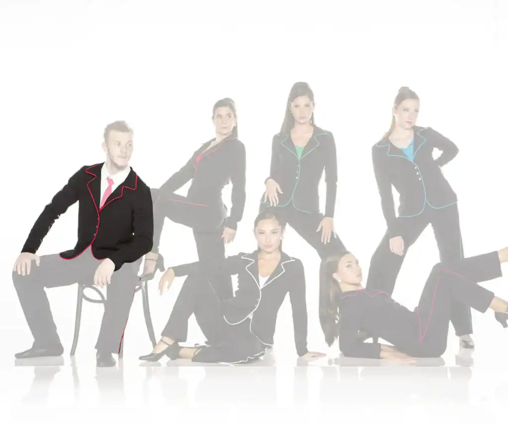 Six models wear black suits with colorful piping.