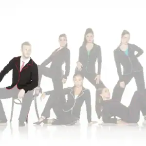 Six models wearing black suits with colorful piping