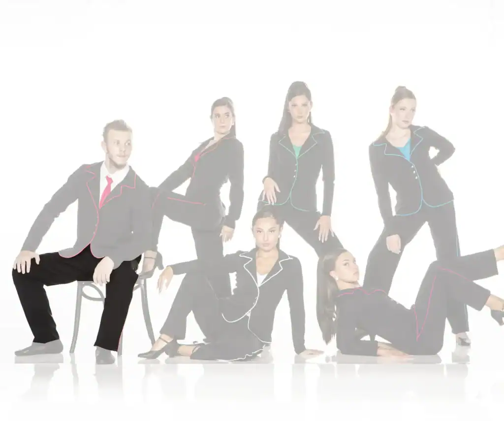 Six models wearing black suits with colorful piping