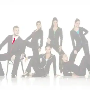 Seven models in black suits with colorful piping