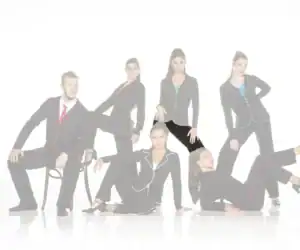 Six models wearing black suits with colorful piping