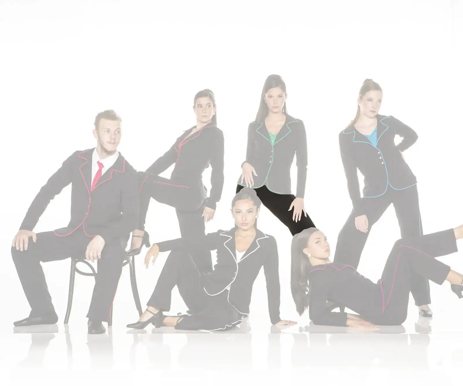 Six models wearing black suits with colorful piping