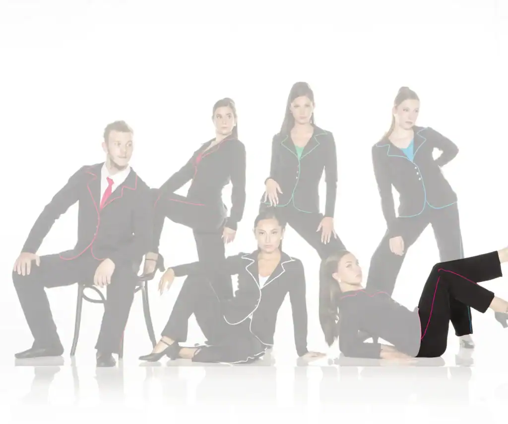 Six models wearing black suits with colorful piping