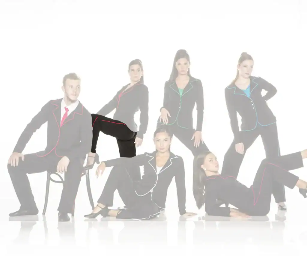 Six models pose in black suits with colorful piping.