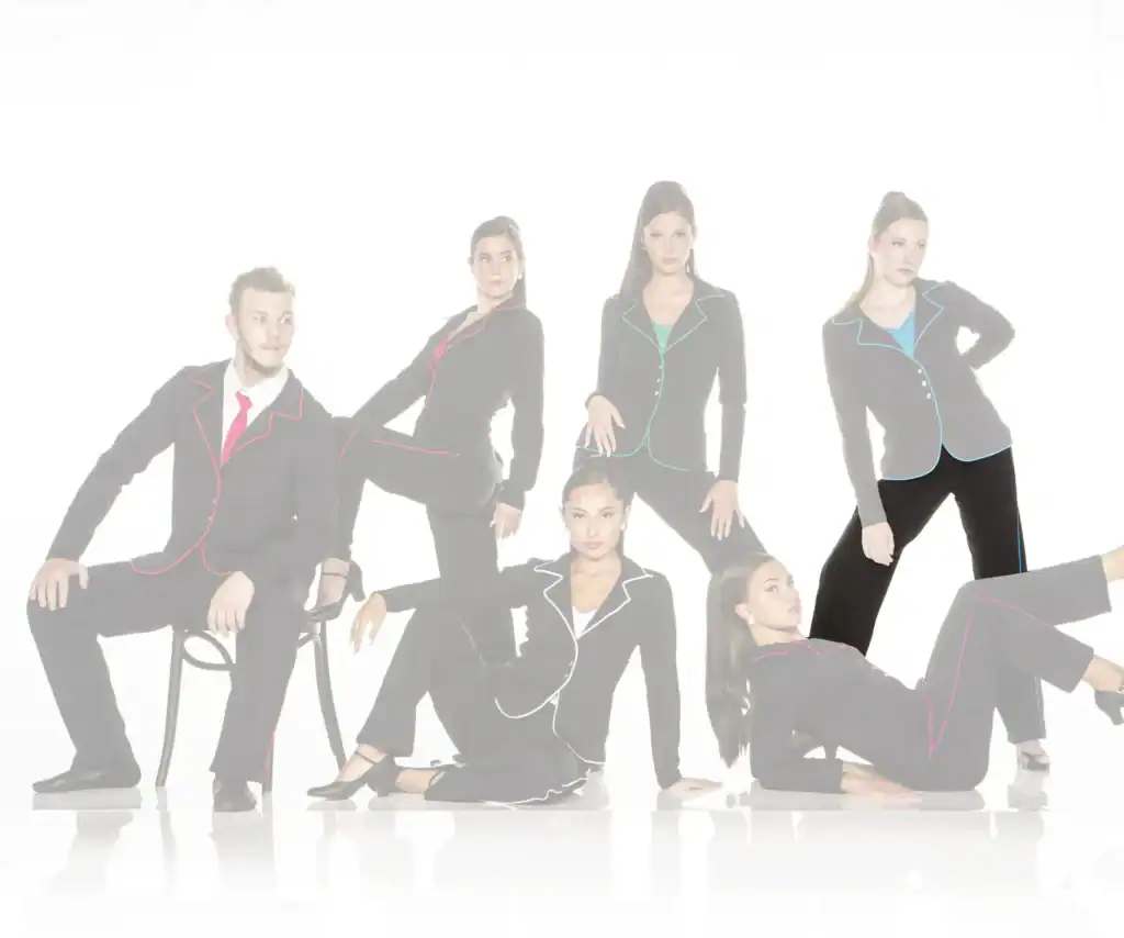 Six models pose in black suits with colorful piping.
