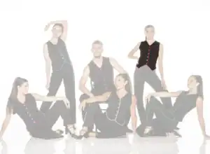 Five models pose in black outfits with colorful trim.