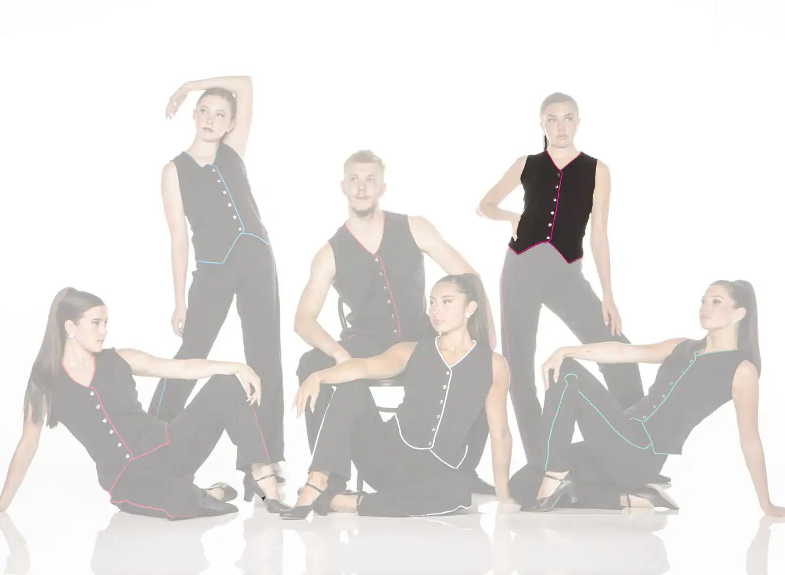 Five models pose in black outfits with colorful trim.