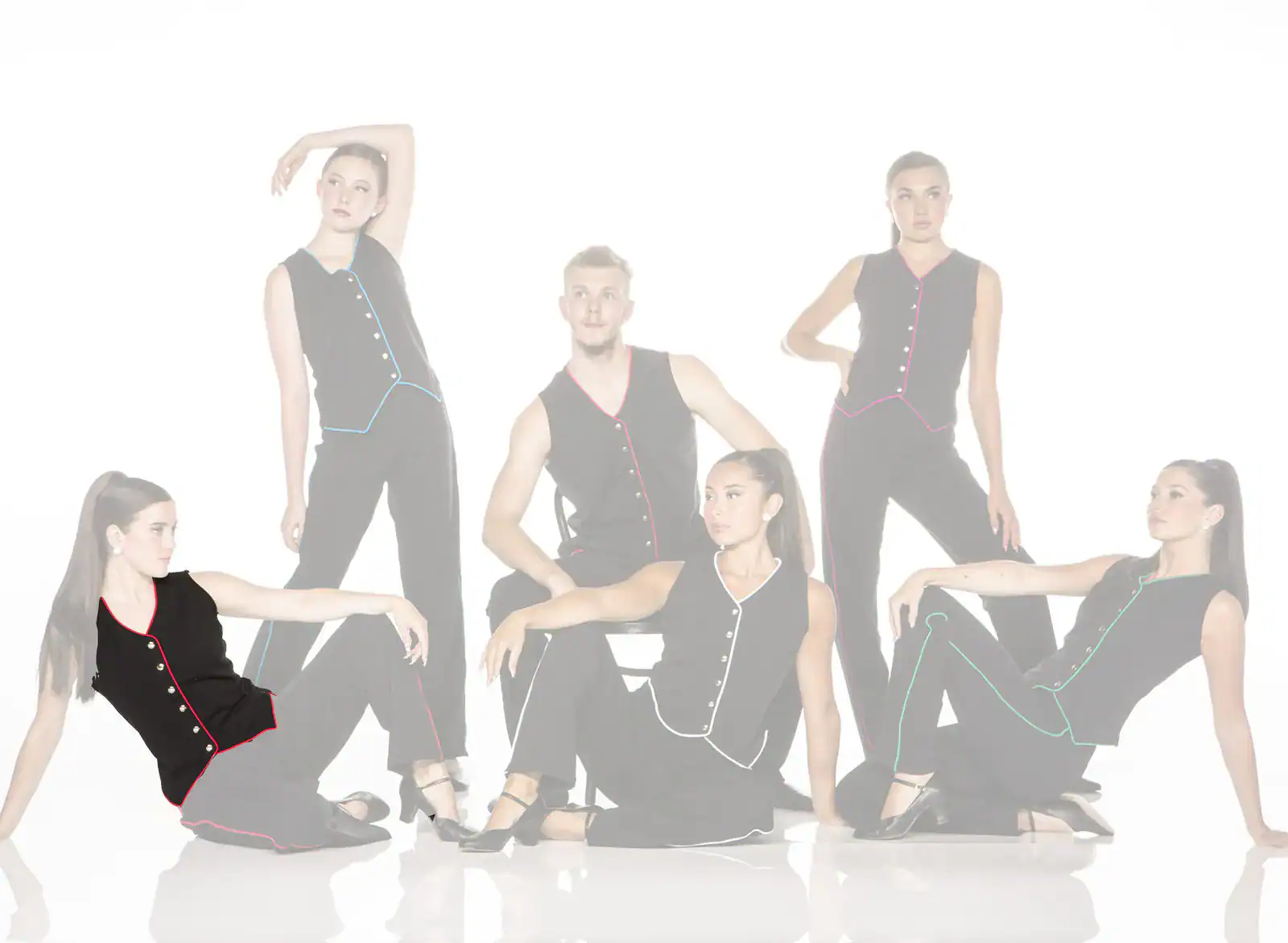 Five models wearing black outfits with colorful trim