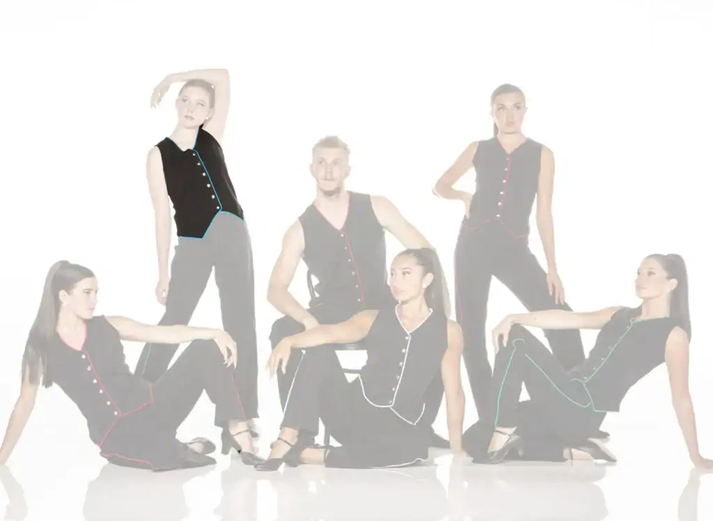 Six models wear black outfits with colorful piping.