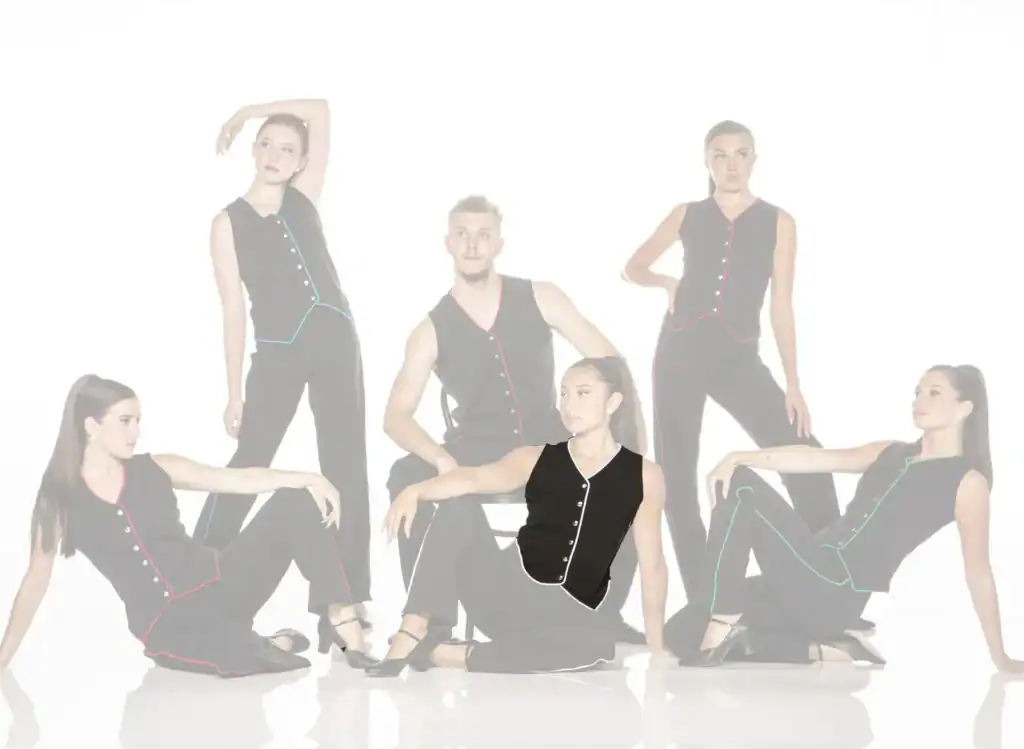 Five models pose in black outfits with colorful trim.