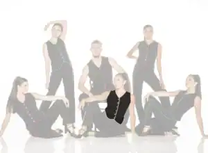 Five models pose in black outfits with colorful trim.
