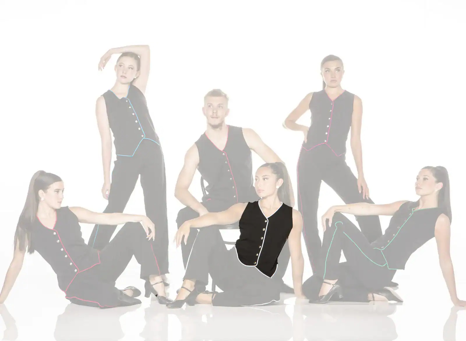 Five models pose in black outfits with colorful trim.