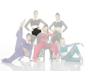 Five dancers pose in colorful costumes against a white background.