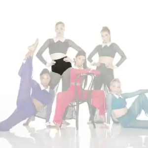 Five dancers pose in colorful costumes against a white background.