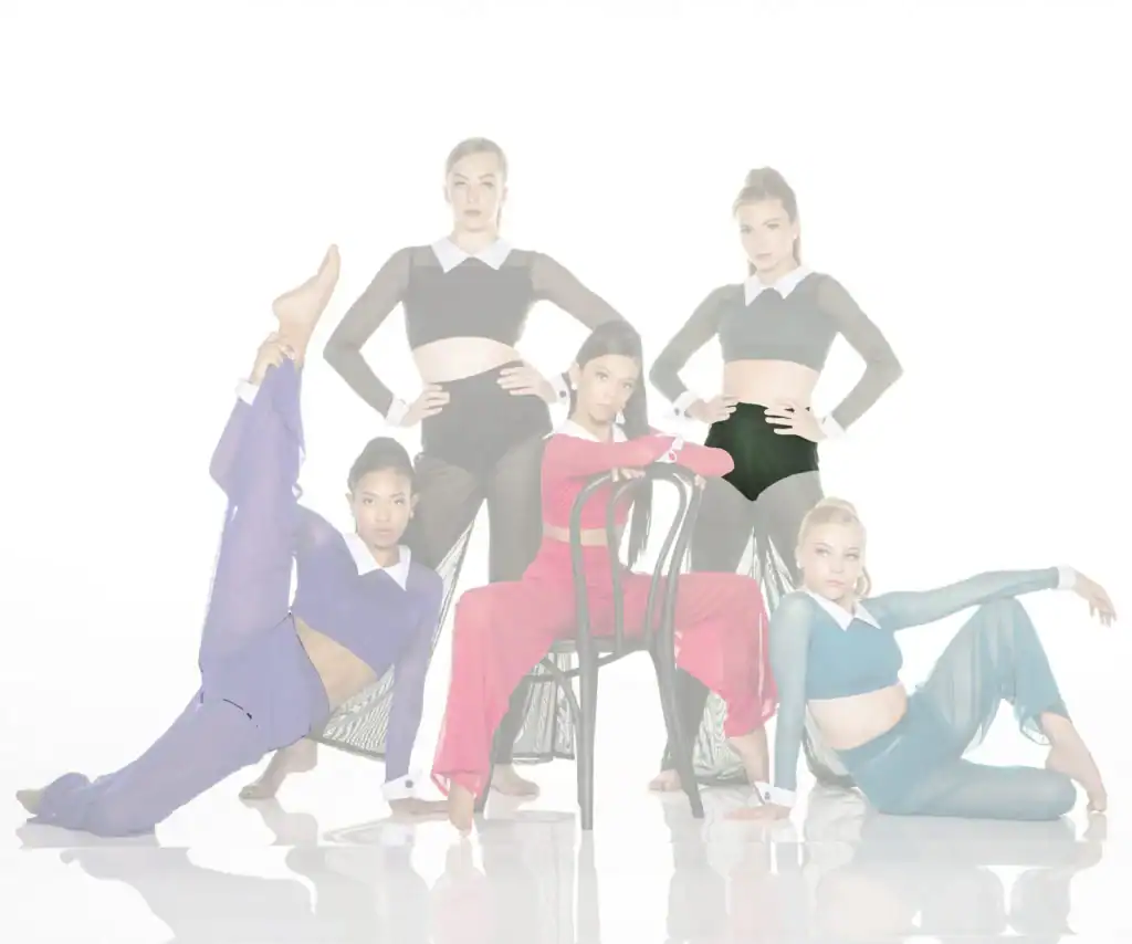 Five dancers pose in colorful costumes against a white background.